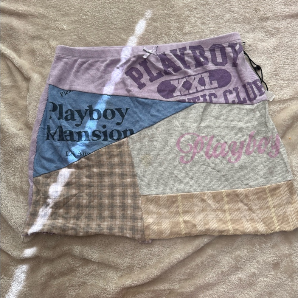 NWOT PLAYBOY Asymmetrical Patchwork Skirt - Purple, Blue, Gray, Tan